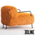 3D model of the Baxter Bruxelles armchair, featuring voluminous bright orange Mongolian fur upholstery supported by slender black metal legs.