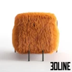 3D model of the Baxter Bruxelles armchair, featuring voluminous bright orange Mongolian fur upholstery supported by slender black metal legs.