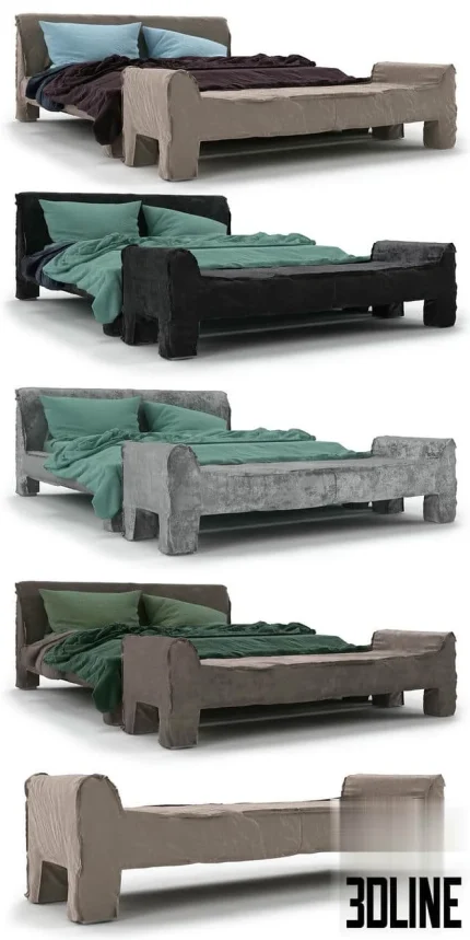 High-quality 3D model set of Baxter Summer upholstered bed and matching bench with loose fabric cover and cushions