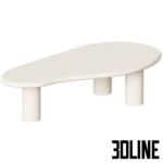 3D model of a beige organic-shaped coffee table featuring a smooth plaster-like finish, a kidney-bean top, and three thick cylindrical legs.