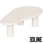 3D model of a beige organic-shaped coffee table featuring a smooth plaster-like finish, a kidney-bean top, and three thick cylindrical legs.