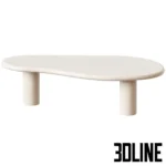 3D model of a beige organic-shaped coffee table featuring a smooth plaster-like finish, a kidney-bean top, and three thick cylindrical legs.