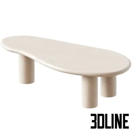 3D model of a beige organic-shaped coffee table featuring a smooth plaster-like finish, a kidney-bean top, and three thick cylindrical legs.
