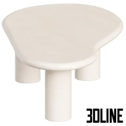 3D model of a beige organic-shaped coffee table featuring a smooth plaster-like finish, a kidney-bean top, and three thick cylindrical legs.