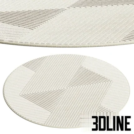 High-resolution 3D model of the Benuta Mars round rug featuring a high-contrast abstract geometric pattern made of gray lines on an off-white background.