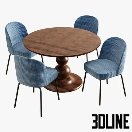 3D model of the BePureHome dining set, featuring the Blanco round wooden table with a turned spherical base, surrounded by four Vogue chairs upholstered in blue corduroy fabric.