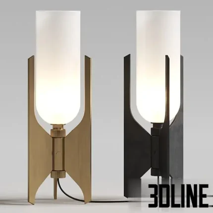 Detailed 3D model set of the Bert Frank Pennon table lamp, featuring a sculptural metal X-base in brass and black, supporting a tall, frosted glass cylindrical shade.
