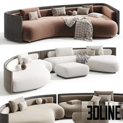 3D model of the Bezier outdoor sofa featuring a curved organic shape with a vertical woven cord backrest, shown in terracotta, white, and taupe fabric variations.