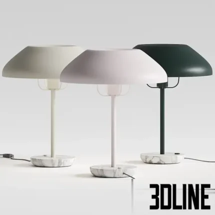 3D model set of Blu Dot Beau table lamps in three colors (white, pink, dark green), featuring a heavy marble base, slender stem, and a wide metal dome shade.
