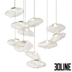 3D model of the Bocci 73 series pendant light cluster, featuring irregular, cloud-like glass shades with a fabric-like texture suspended on thin cables.