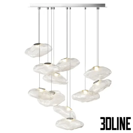 3D model of the Bocci 73 series pendant light cluster, featuring irregular, cloud-like glass shades with a fabric-like texture suspended on thin cables.