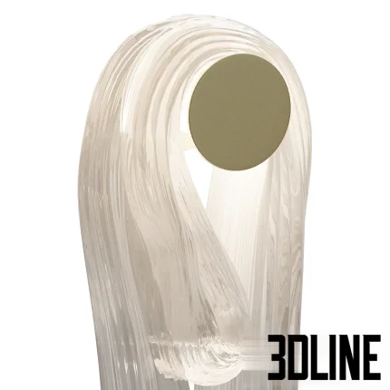 Detailed 3D model of the BOCCI 87 s sp wall light, featuring a long, abstract, fluid form of clear blown glass that loops, with a single mounting disc.