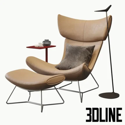 3D model of the iconic BoConcept Imola chair designed by Henrik Pedersen, featuring a swooping organic shape upholstered in tan cognac leather, paired with a matching footstool and minimal floor lamp.