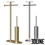 3D model of the Boheme Venturo floor stand, a multifunctional bathroom butler featuring a toilet paper holder, a toilet brush container, and a small top shelf, shown in matte black and white finishes