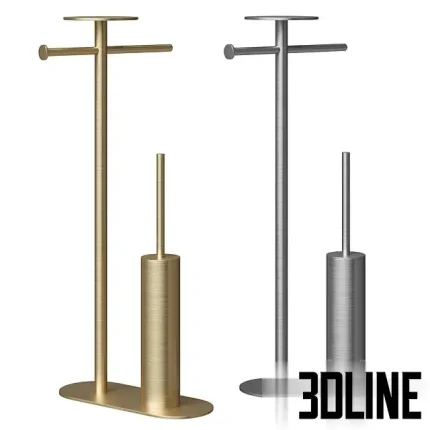 3D model of the Boheme Venturo floor stand, a multifunctional bathroom butler featuring a toilet paper holder, a toilet brush container, and a small top shelf, shown in matte black and white finishes