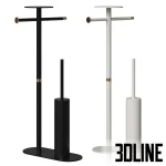 3D model of the Boheme Venturo floor stand, a multifunctional bathroom butler featuring a toilet paper holder, a toilet brush container, and a small top shelf, shown in matte black and white finishes