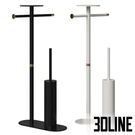 3D model of the Boheme Venturo floor stand, a multifunctional bathroom butler featuring a toilet paper holder, a toilet brush container, and a small top shelf, shown in matte black and white finishes