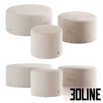 3D model set of Zyl poufs by Bolia, featuring cylindrical ottomans in various sizes with distinct textures, including smooth beige fabric and ribbed corduroy finishes.