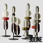 3D model of the Bomma Pebbles Floor Light collection, featuring totem-like lamps made of stacked hand-blown glass shapes in varying colors like red, green, grey, and black.