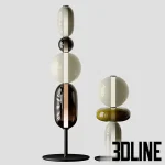 3D model of the Bomma Pebbles Floor Light collection, featuring totem-like lamps made of stacked hand-blown glass shapes in varying colors like red, green, grey, and black.