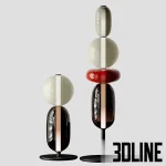 3D model of the Bomma Pebbles Floor Light collection, featuring totem-like lamps made of stacked hand-blown glass shapes in varying colors like red, green, grey, and black.