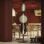 3D model of the Bomma Pebbles Floor Light collection, featuring totem-like lamps made of stacked hand-blown glass shapes in varying colors like red, green, grey, and black.