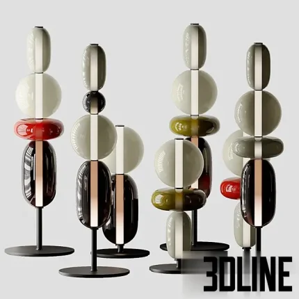 3D model of the Bomma Pebbles Floor Light collection, featuring totem-like lamps made of stacked hand-blown glass shapes in varying colors like red, green, grey, and black.