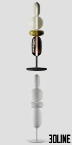 3D model of the Bomma Pebbles Floor Light collection, featuring totem-like lamps made of stacked hand-blown glass shapes in varying colors like red, green, grey, and black.