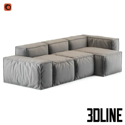 High-detail 3D model of the Bonaldo Peanut B modular sofa, featuring a low, contemporary design with deep, block-like cushions and grey fabric upholstery.