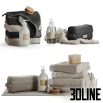 Detailed 3D model set of bathroom accessories, including stacks of folded Bonsoirs towels in neutral tones, pump-dispenser soap bottles, toiletry bags, and natural bristle brushes.