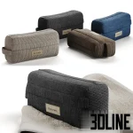 Detailed 3D model set of bathroom accessories, including stacks of folded Bonsoirs towels in neutral tones, pump-dispenser soap bottles, toiletry bags, and natural bristle brushes.