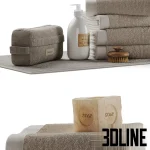 Detailed 3D model set of bathroom accessories, including stacks of folded Bonsoirs towels in neutral tones, pump-dispenser soap bottles, toiletry bags, and natural bristle brushes.