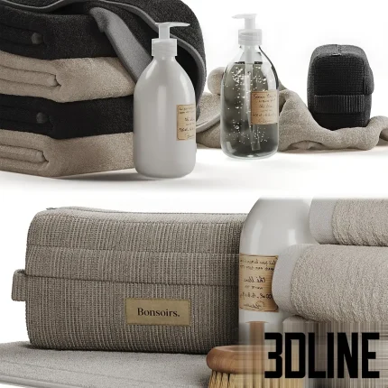 Detailed 3D model set of bathroom accessories, including stacks of folded Bonsoirs towels in neutral tones, pump-dispenser soap bottles, toiletry bags, and natural bristle brushes.