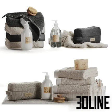 Detailed 3D model set of bathroom accessories, including stacks of folded Bonsoirs towels in neutral tones, pump-dispenser soap bottles, toiletry bags, and natural bristle brushes.