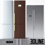 Detailed 3D model set of three BOSCH refrigerators, including a silver stainless steel side-by-side unit, a white bottom-freezer, and a brown wood-grain finish model.