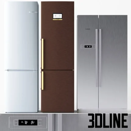 Detailed 3D model set of three BOSCH refrigerators, including a silver stainless steel side-by-side unit, a white bottom-freezer, and a brown wood-grain finish model.