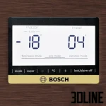 Detailed 3D model set of three BOSCH refrigerators, including a silver stainless steel side-by-side unit, a white bottom-freezer, and a brown wood-grain finish model.