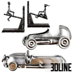 3D model set of decorative shelf items for a boys' room, featuring silver vintage race cars, a "Hey Handsome" speech bubble sign, animal bookends, and stacked books.