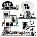 3D model set of decorative shelf items for a boys' room, featuring silver vintage race cars, a "Hey Handsome" speech bubble sign, animal bookends, and stacked books.