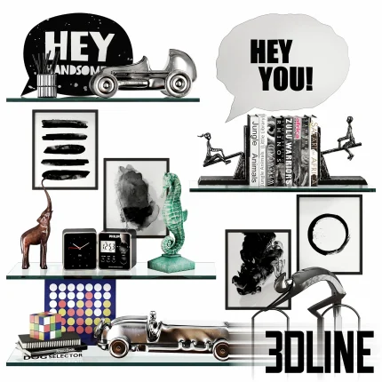 3D model set of decorative shelf items for a boys' room, featuring silver vintage race cars, a "Hey Handsome" speech bubble sign, animal bookends, and stacked books.