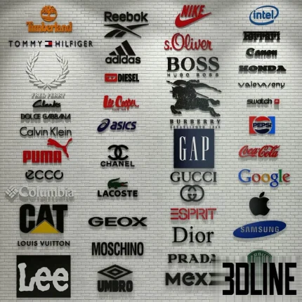 High-resolution 3D model collection of multiple brand logos (Nike, Adidas, Gucci, Google) on a lighted brick background panel