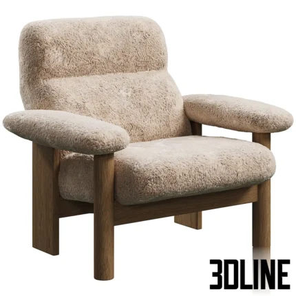 3D model of the Brasilia Lounge Chair by Audo Copenhagen, featuring stout solid wood legs and a plush seat upholstered in textured sheepskin fabric.