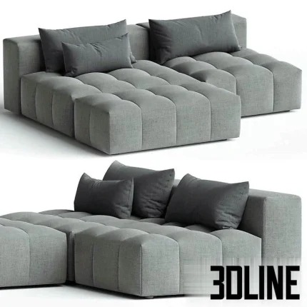 High-resolution 3D model of the Bubble Soft modular sofa, a deep, low-profile sectional with distinctive square tufted cushions upholstered in gray fabric.
