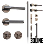3D model set of Buster + Punch style door hardware, featuring lever handles and knobs with signature diamond-cut knurling in a smoked bronze/brass finish.