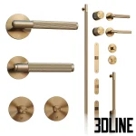 3D model set of Buster + Punch style door hardware, featuring lever handles and knobs with signature diamond-cut knurling in a smoked bronze/brass finish.