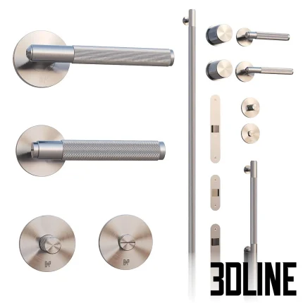 3D model set of Buster + Punch style door hardware, featuring lever handles and knobs with signature diamond-cut knurling in a smoked bronze/brass finish.