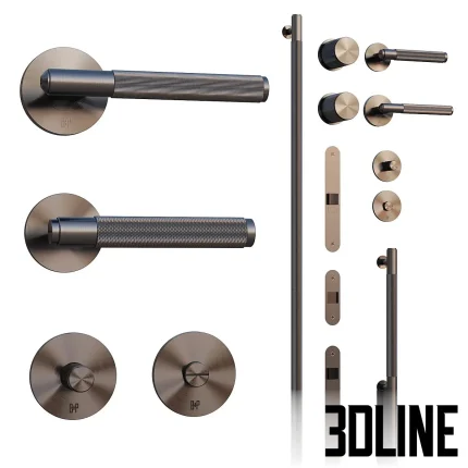 3D model set of Buster + Punch style door hardware, featuring lever handles and knobs with signature diamond-cut knurling in a smoked bronze/brass finish.