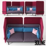 3D model of the BuzziSpark high-back sofa designed for privacy, featuring a pink and purple acoustic shield, blue lumbar cushions, and black metal legs.