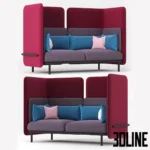 3D model of the BuzziSpark high-back sofa designed for privacy, featuring a pink and purple acoustic shield, blue lumbar cushions, and black metal legs.