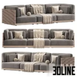 3D model set of the Caicos modular sofa in beige, olive green, and grey, featuring a distinctive wooden slat frame back and plush box cushions styled with throw blankets.